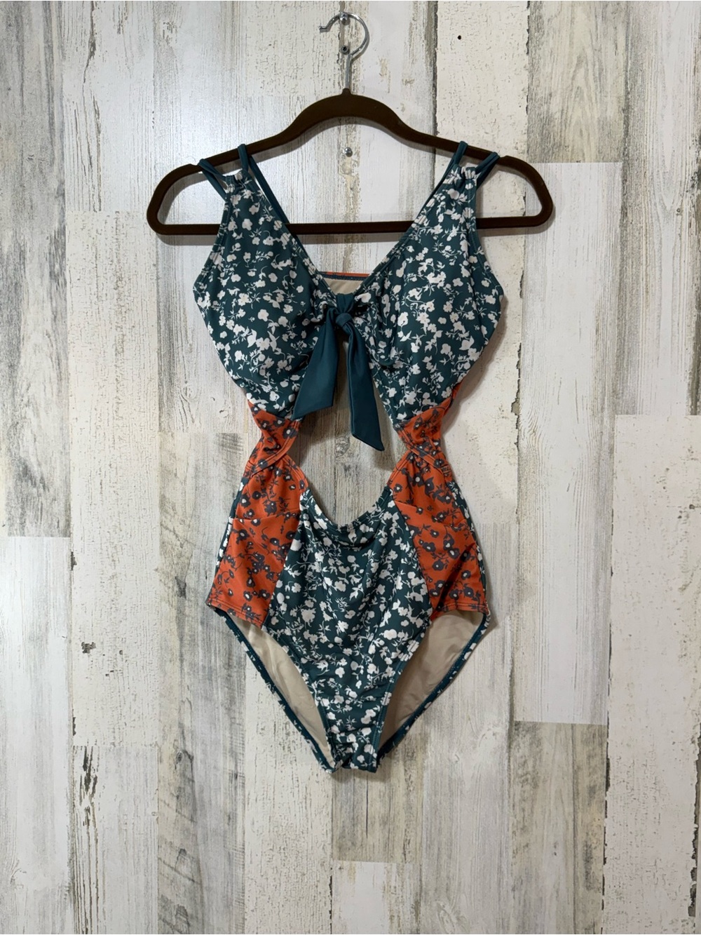 Nani Swimwear Floral Tie-Front Cutout One-Piece Swimsuit in Teal and Orange